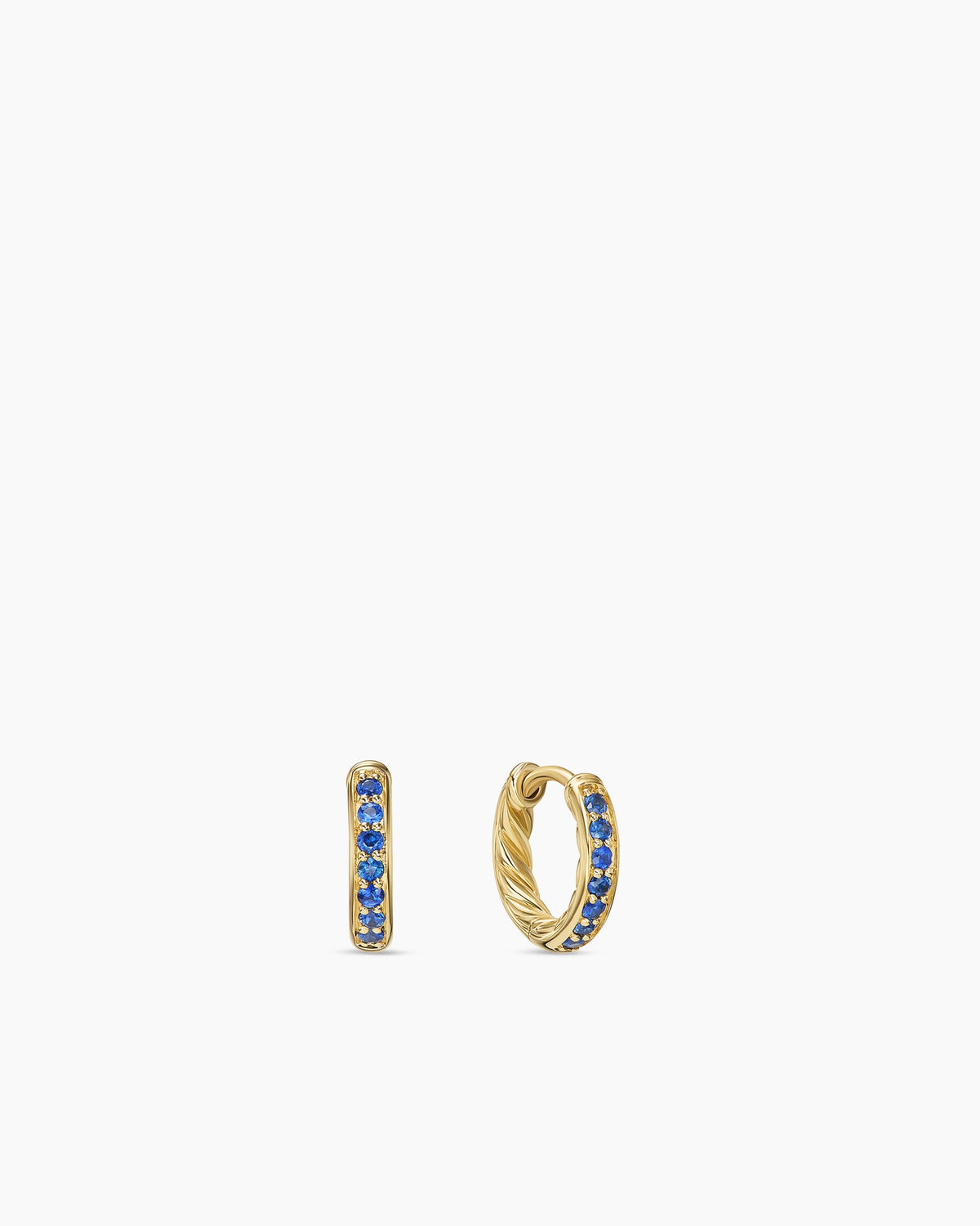 Petite Pavé Huggie Hoop Earrings in 18K Yellow Gold with Blue Sapphires, 12mm