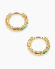 Petite Pavé Huggie Hoop Earrings in 18K Yellow Gold with Emeralds, 12mm