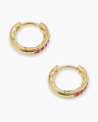 Petite Pavé Huggie Hoop Earrings in 18K Yellow Gold with Rubies, 12mm