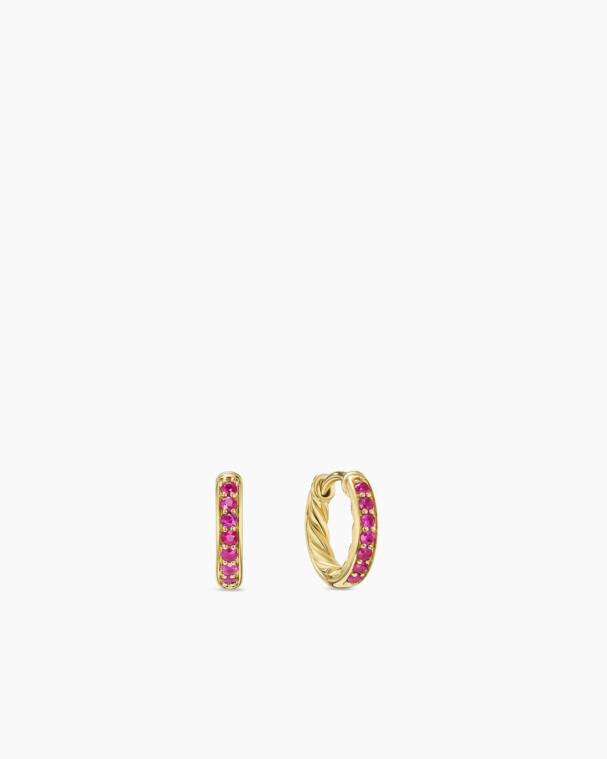 Petite Pavé Huggie Hoop Earrings in 18K Yellow Gold with Rubies, 12mm