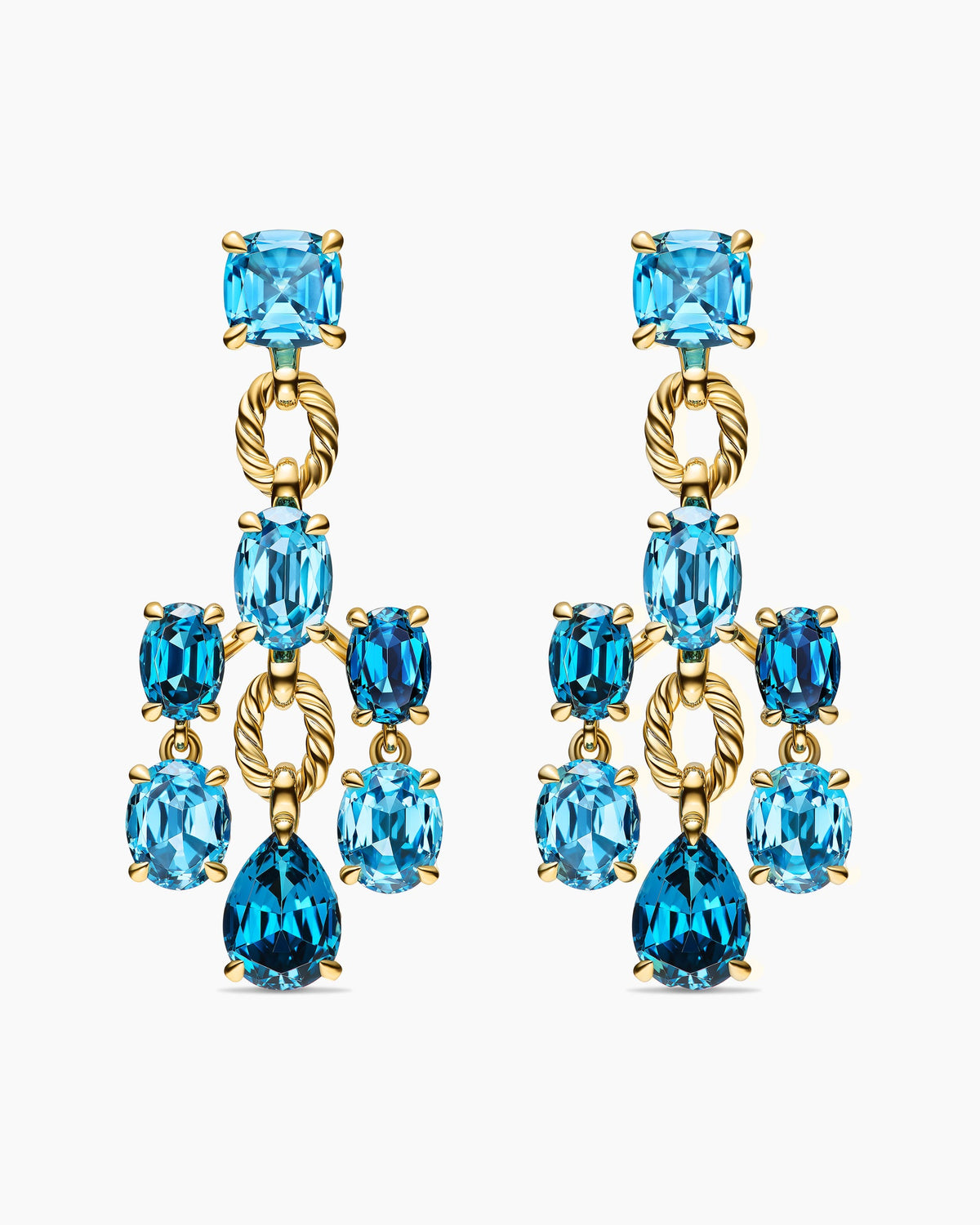 Marbella Chandelier Earrings in 18K Yellow Gold with Blue Topaz and Hampton Blue Topaz, 57mm