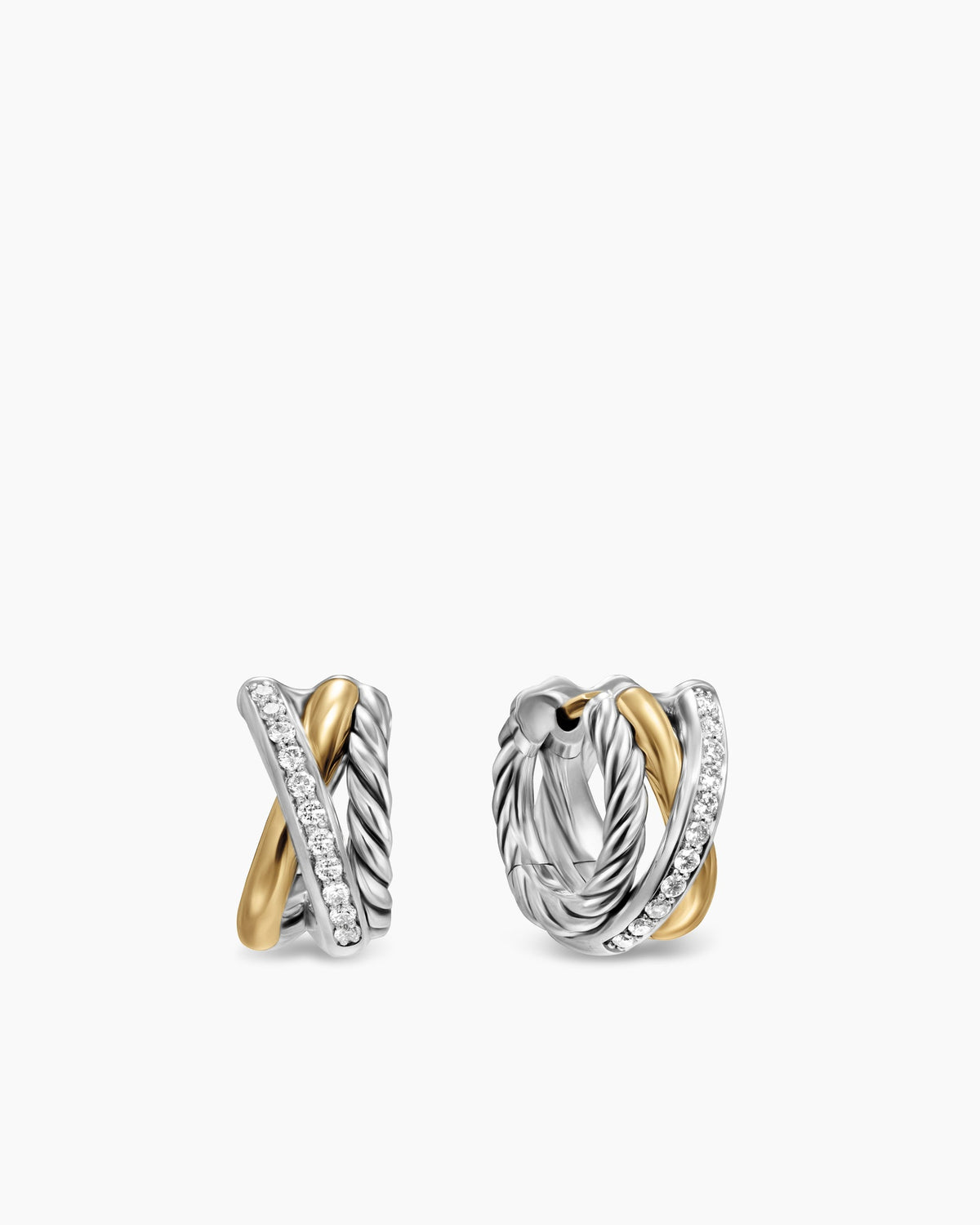 Crossover Three Row Huggie Hoop Earrings in Sterling Silver with 18K Yellow Gold, 13mm