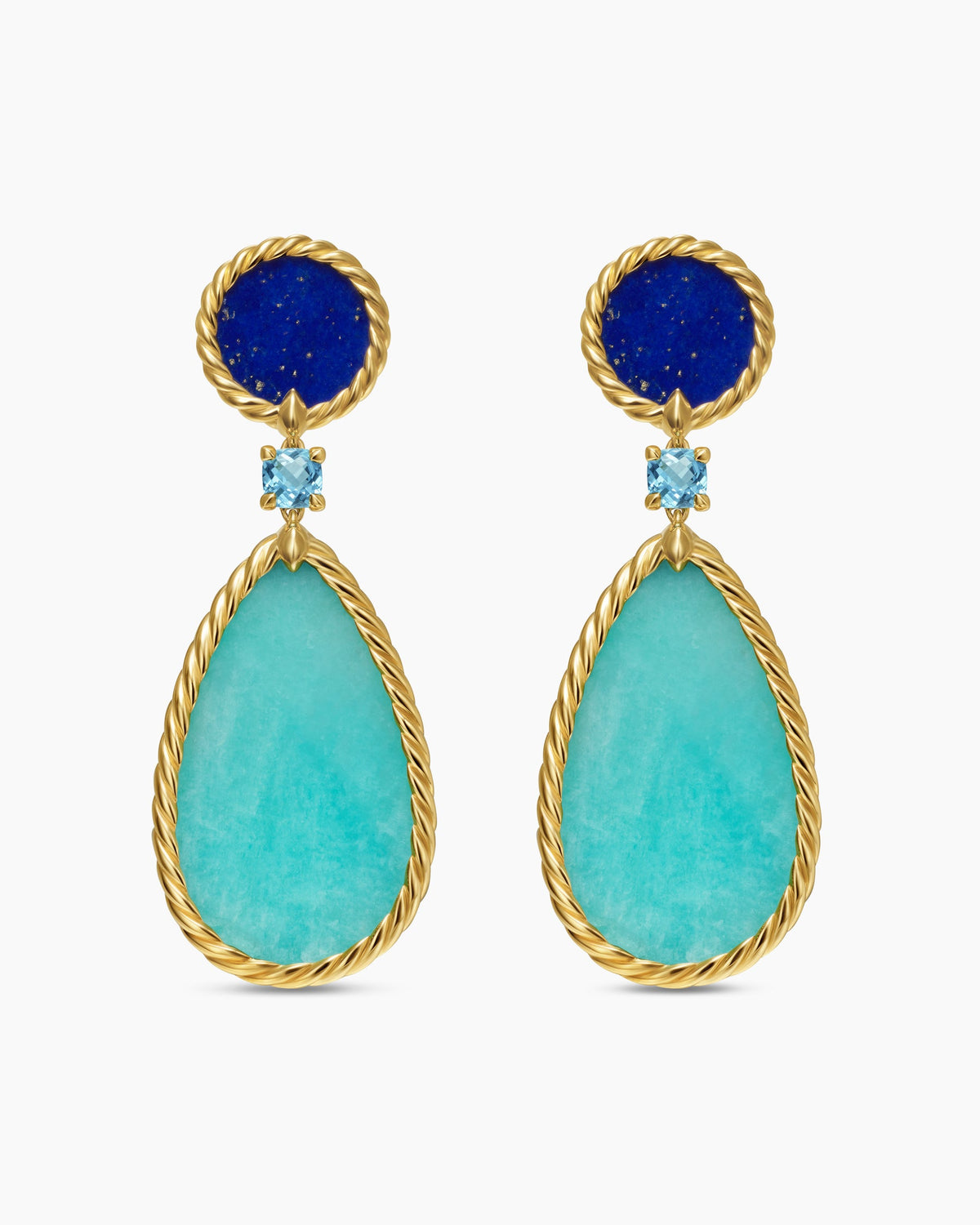 DY Elements® Statement Drop Earrings in 18K Yellow Gold with Amazonite, Lapis Lazuli and Blue Topaz, 56mm