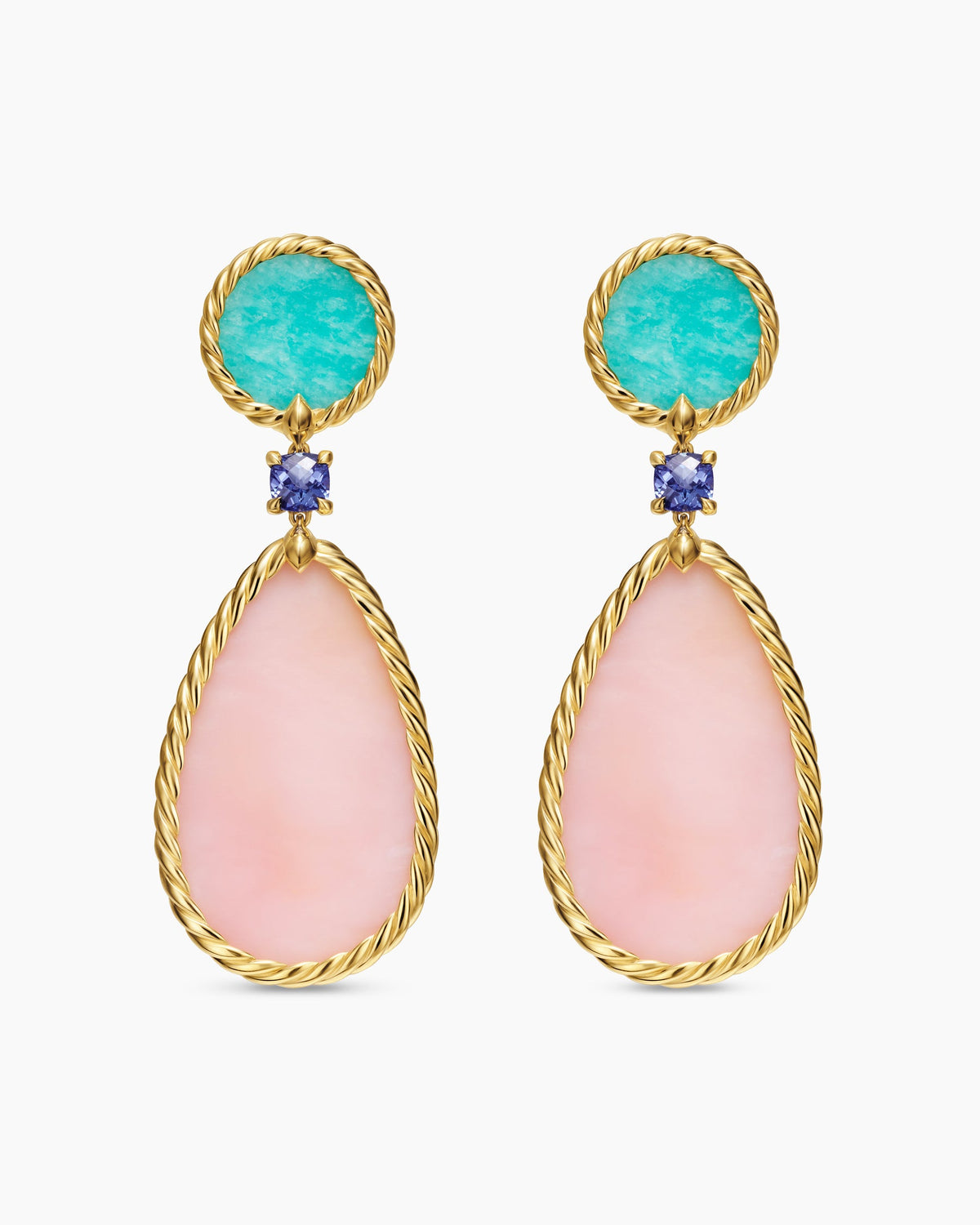 DY Elements® Statement Drop Earrings in 18K Yellow Gold with Pink Opal, Amazonite and Tanzanite, 56mm