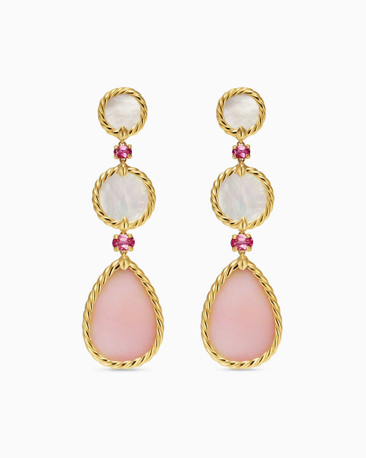 DY Elements® Statement Drop Earrings in 18K Yellow Gold with Pink Opal, Mother of Pearl and Pink Tourmaline, 70mm