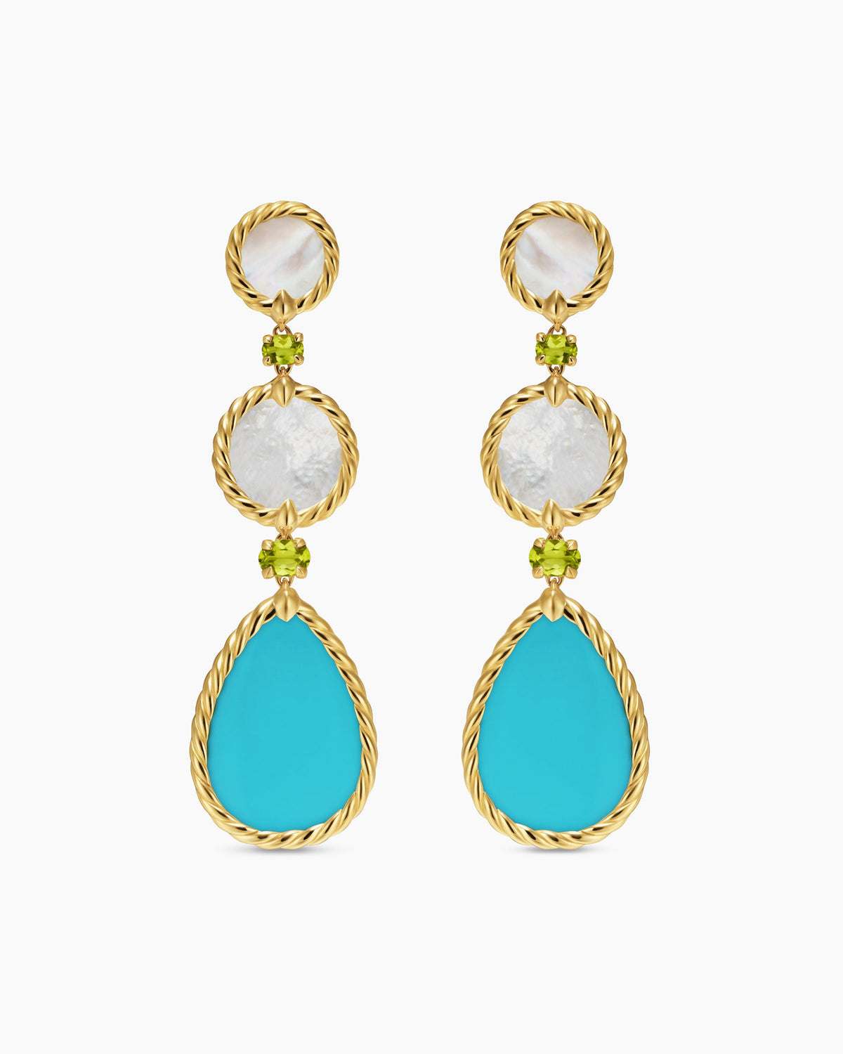 DY Elements® Statement Drop Earrings in 18K Yellow Gold with Turquoise, Mother of Pearl and Peridot, 70mm