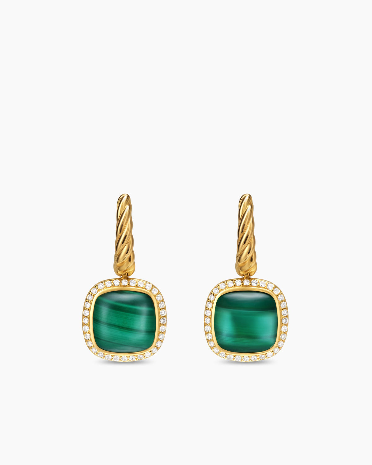 Albion® Drop Earrings in 18K Yellow Gold with Malachite and Diamonds, 10mm