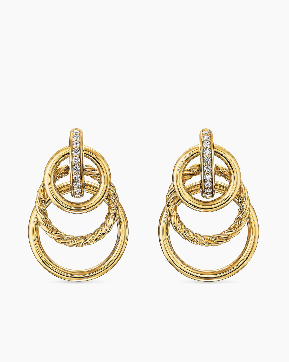DY Mercer® Triple Ring Drop Earrings in 18K Yellow Gold with Diamonds, 35.6mm