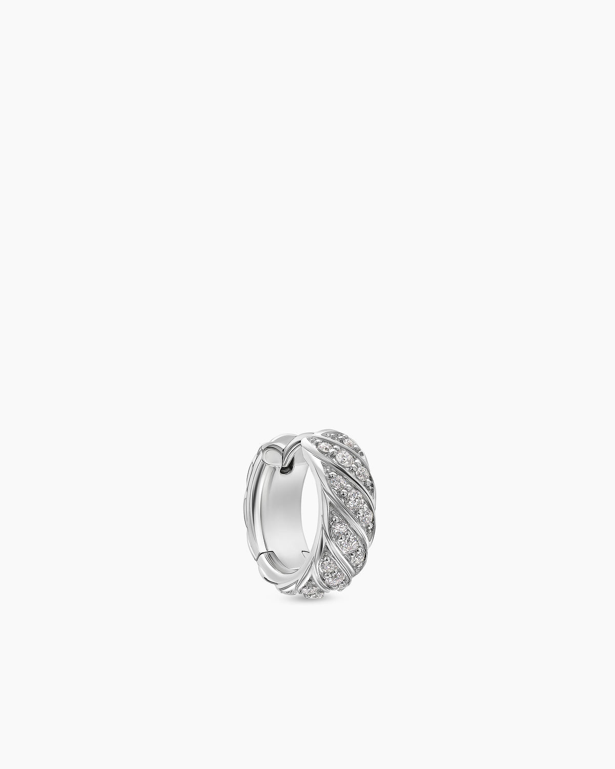 Sculpted Cable Hoop Earring in 18K White Gold with Diamonds, 12.8mm
