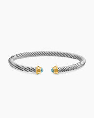 Cable Teen Bracelet in Sterling Silver with 14K Yellow Gold and Aquamarine, 4mm