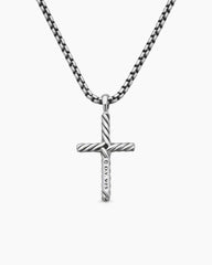 Classic Cable Cross Necklace in Sterling Silver with Center Diamond, 24.3mm