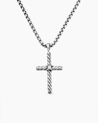 Classic Cable Cross Necklace in Sterling Silver with Center Diamond, 24.3mm