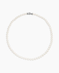 Pearl Strand Necklace in Sterling Silver with Pearls and Diamonds, 8mm