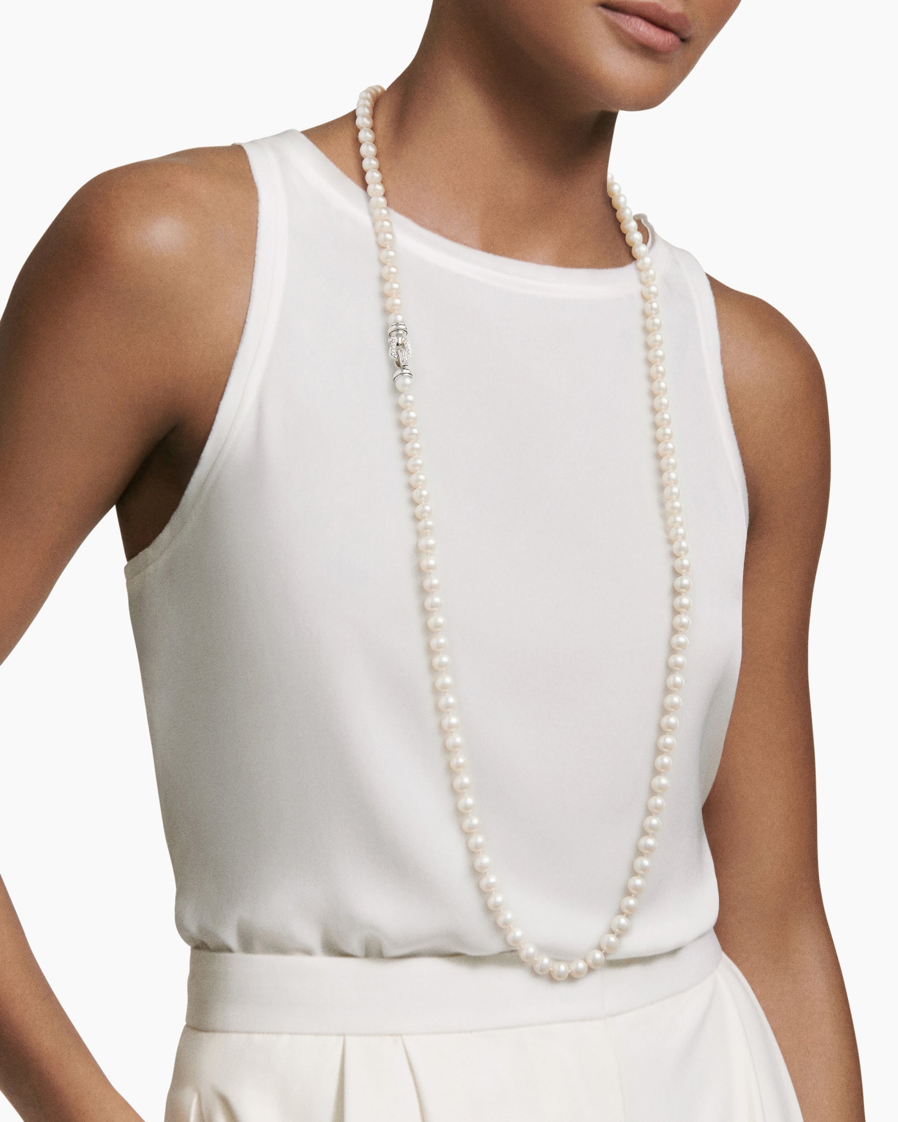 Pearl Strand Necklace in Sterling Silver with Pearls and Diamonds, 8mm