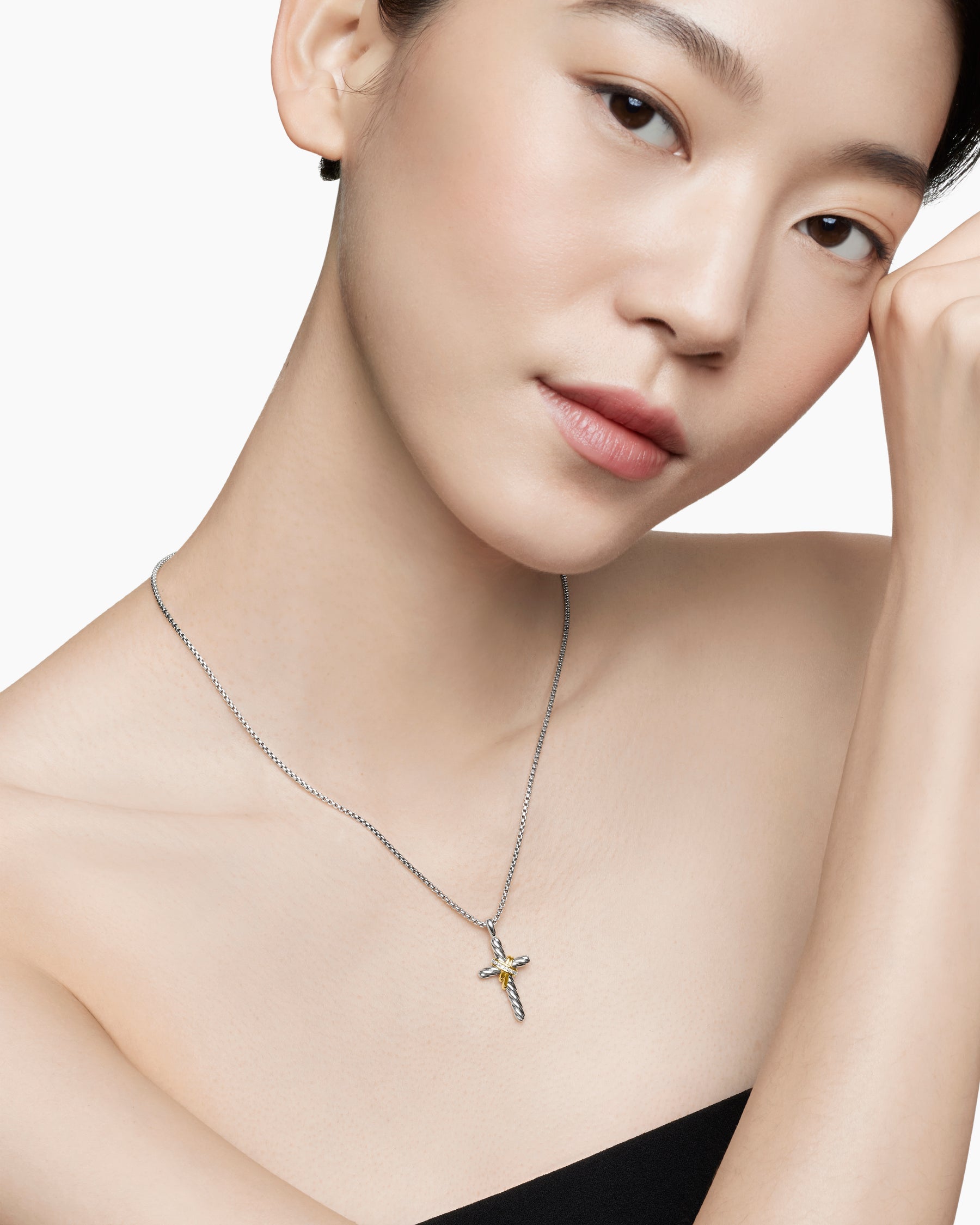X Cross Necklace in Sterling Silver with 14K Yellow Gold and Diamonds, 31.7mm