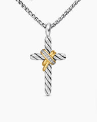 X Cross Necklace in Sterling Silver with 14K Yellow Gold and Diamonds, 31.7mm