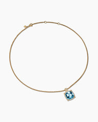 Chatelaine® Pavé Bezel Pendant Necklace in 18K Yellow Gold with Blue Topaz and Diamonds, 14mm
