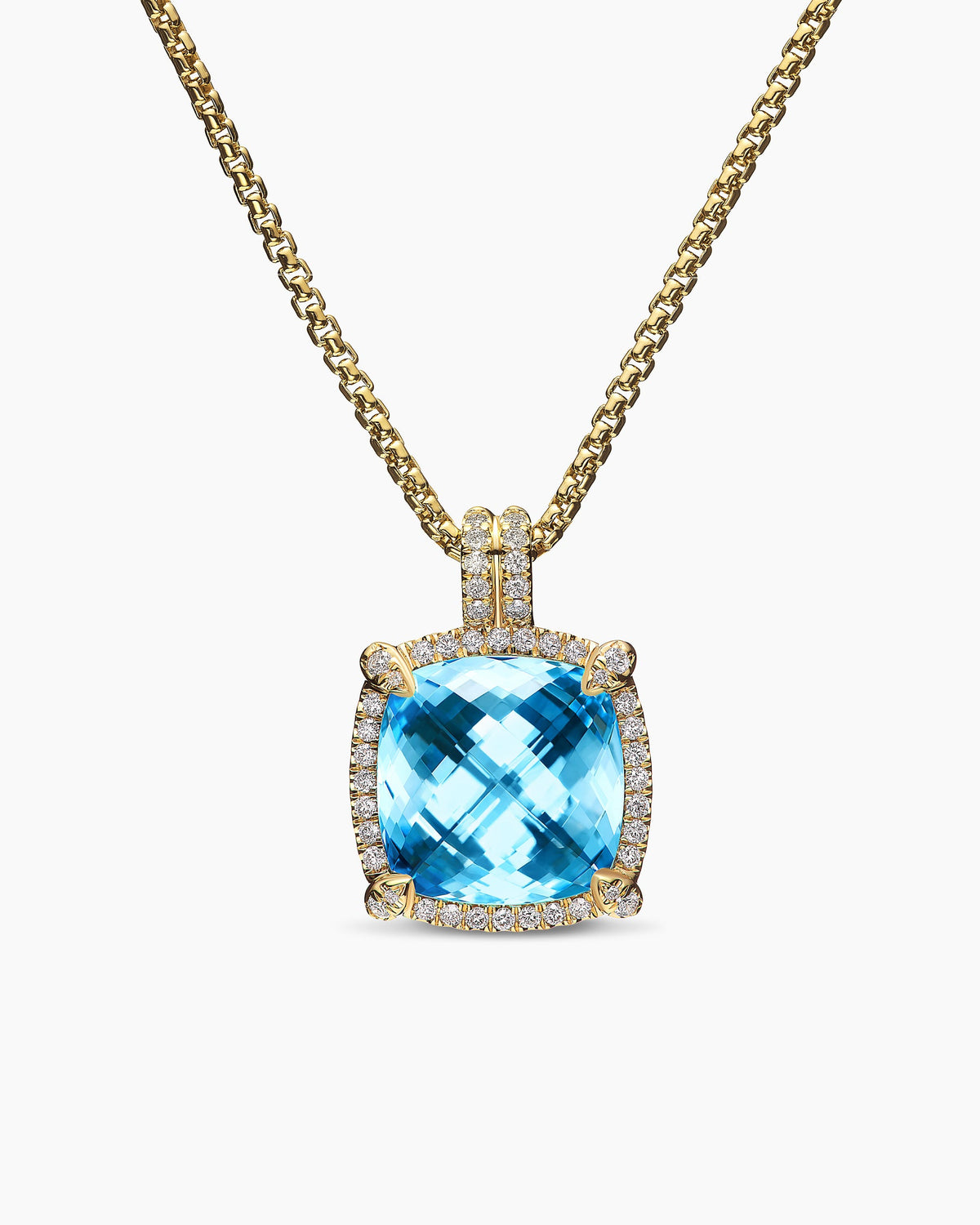 Chatelaine® Pavé Bezel Pendant Necklace in 18K Yellow Gold with Blue Topaz and Diamonds, 14mm