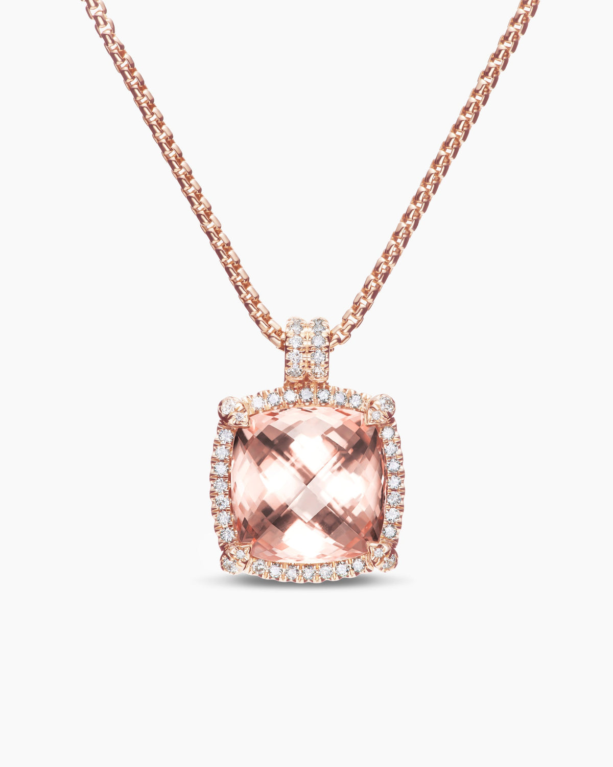Chatelaine® Pavé Bezel Pendant Necklace in 18K Rose Gold with Morganite and Diamonds, 14mm