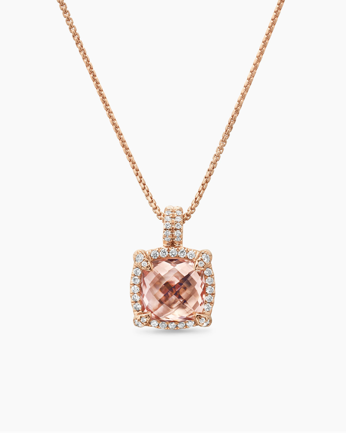Chatelaine® Pavé Bezel Pendant Necklace in 18K Rose Gold with Morganite and Diamonds, 9mm