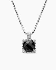 Chatelaine® Pavé Bezel Pendant Necklace in Sterling Silver with Black Onyx and Diamonds, 9mm