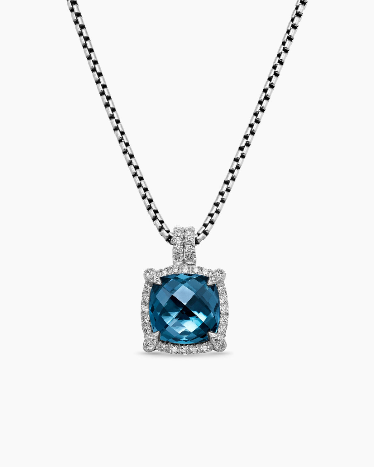Chatelaine® Pavé Bezel Pendant Necklace in Sterling Silver with Hampton Blue Topaz and Diamonds, 9mm