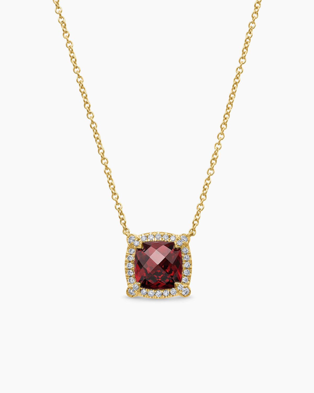 Petite Chatelaine® Pavé Bezel Pendant Necklace in 18K Yellow Gold with Garnet and Diamonds, 7mm