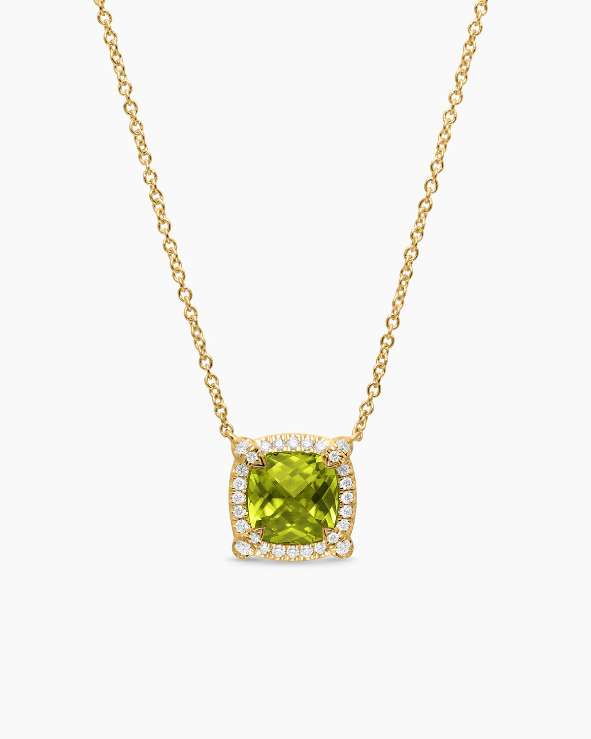 Petite Chatelaine® Pavé Bezel Pendant Necklace in 18K Yellow Gold with Peridot and Diamonds, 7mm