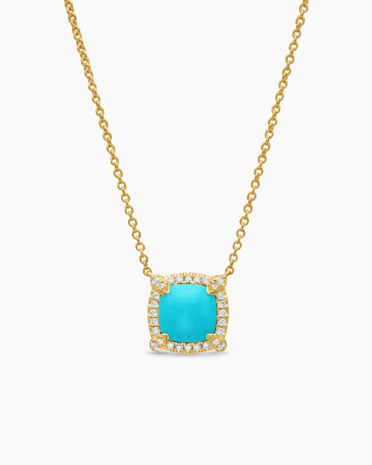 Petite Chatelaine® Pavé Bezel Pendant Necklace in 18K Yellow Gold with Turquoise and Diamonds, 7mm