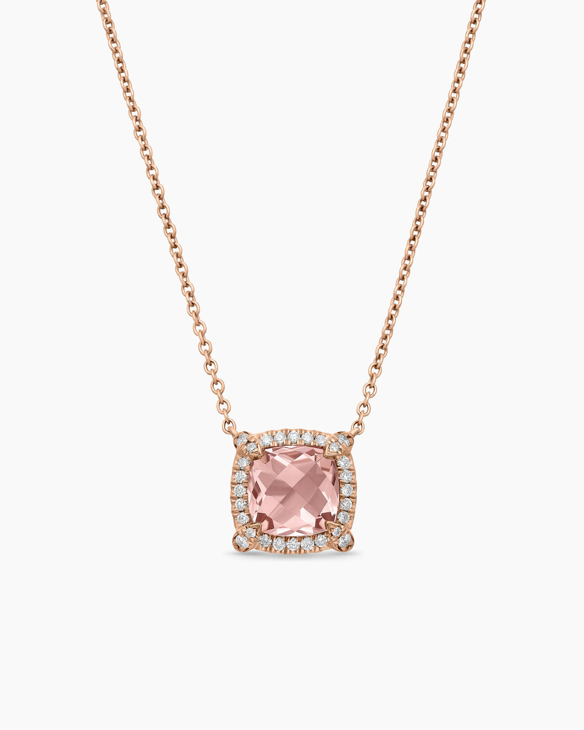 Petite Chatelaine® Pavé Bezel Pendant Necklace in 18K Rose Gold with Morganite and Diamonds, 7mm