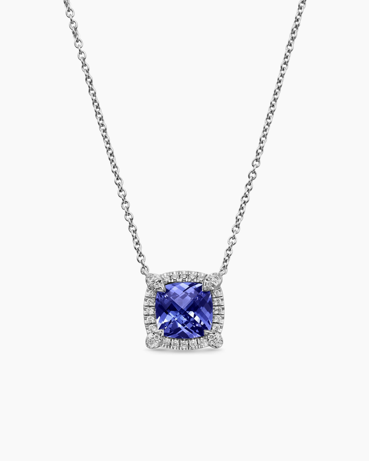 Petite Chatelaine® Pavé Bezel Pendant Necklace in 18K White Gold with Tanzanite and Diamonds, 7mm