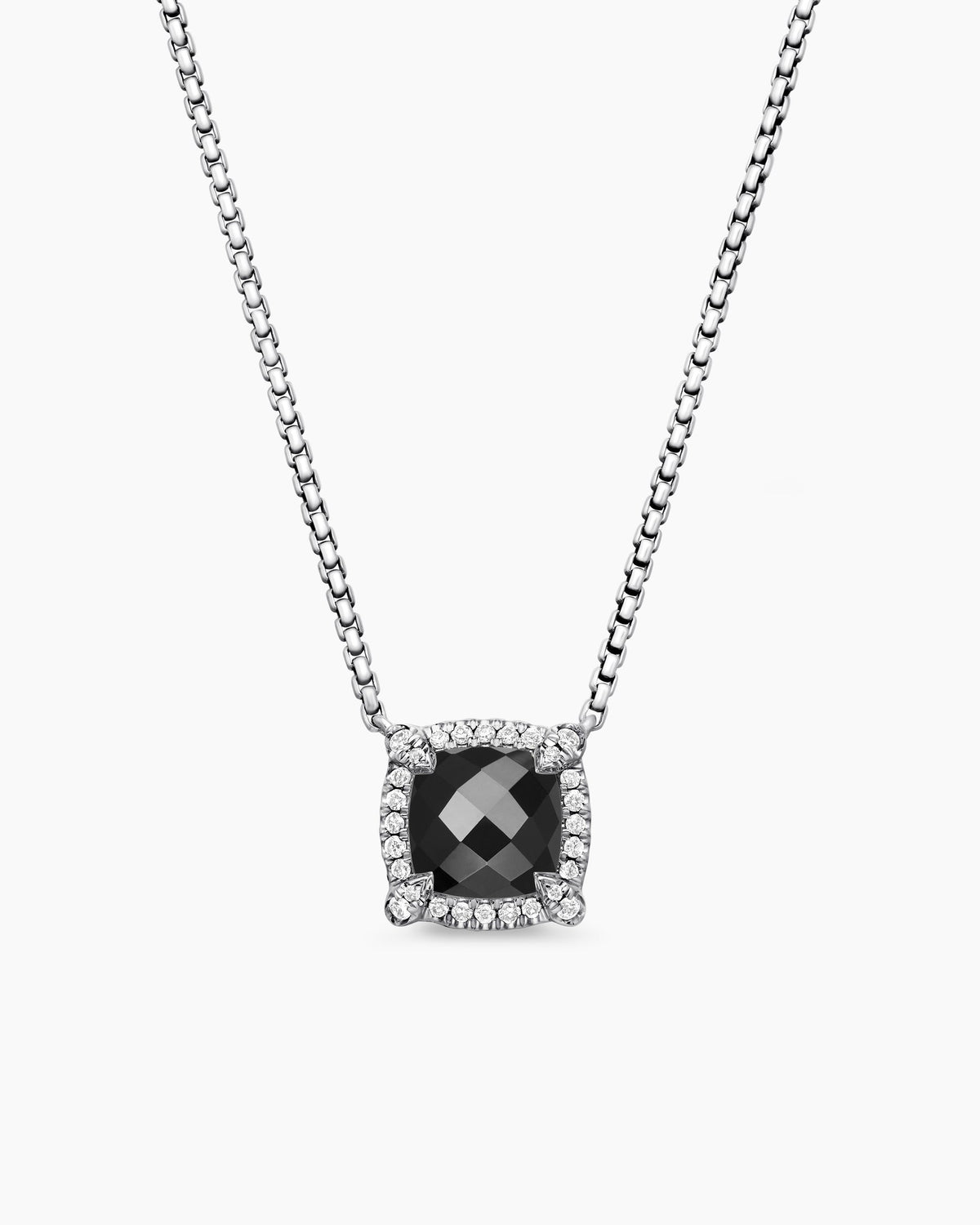 Petite Chatelaine® Pavé Bezel Pendant Necklace in Sterling Silver with Black Onyx and Diamonds, 7mm