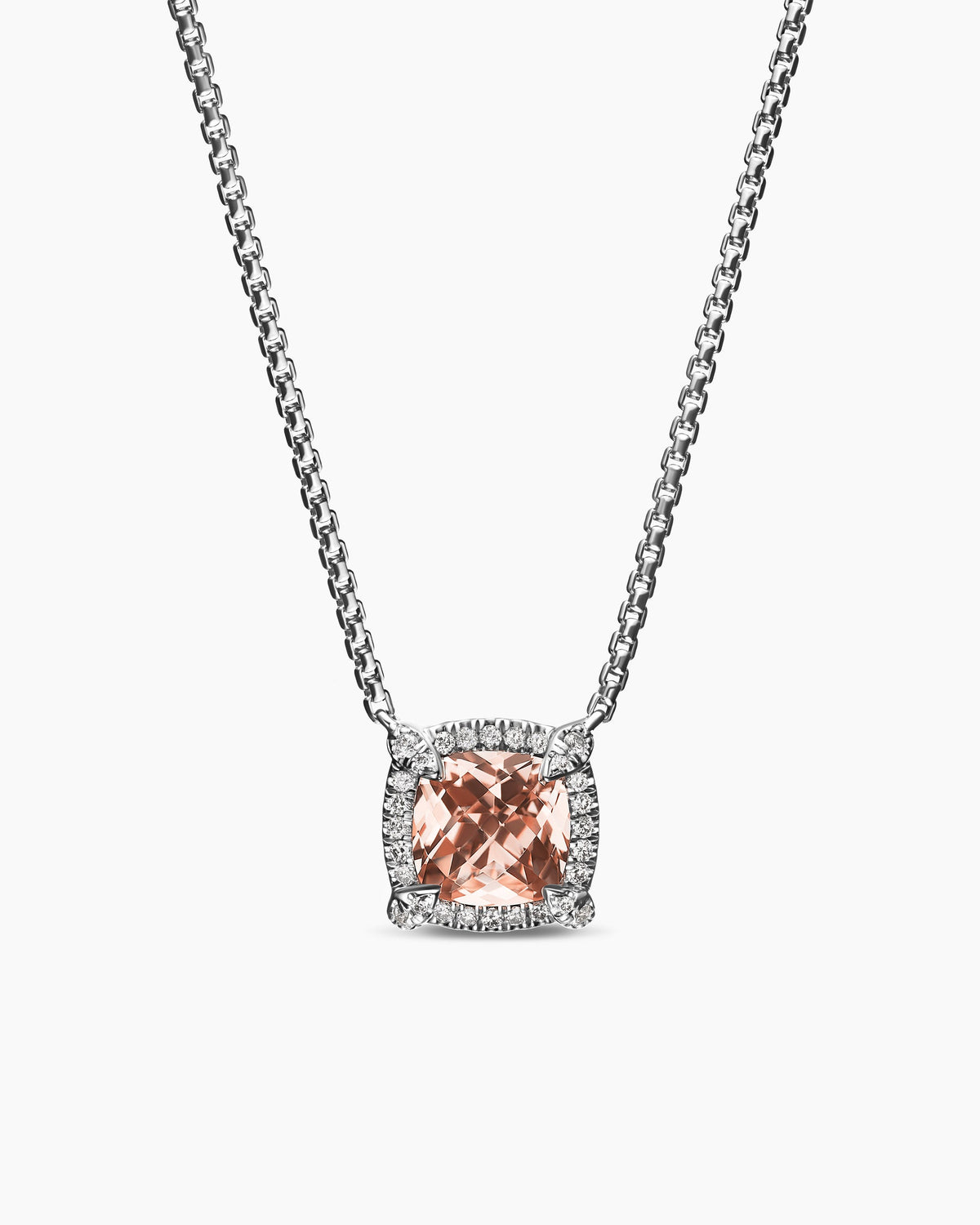Petite Chatelaine® Pavé Bezel Pendant Necklace in Sterling Silver with Morganite and Diamonds, 7mm
