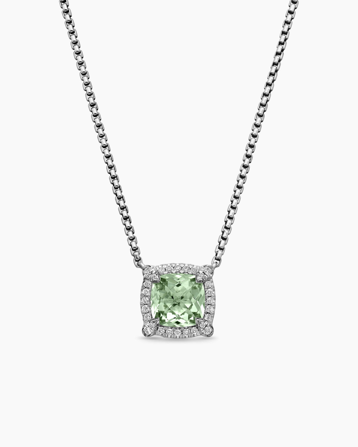 Petite Chatelaine® Pavé Bezel Pendant Necklace in Sterling Silver with Prasiolite and Diamonds, 7mm