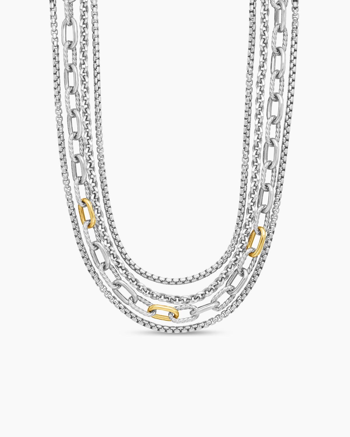 Four Row Mixed Chain Bib Necklace in Sterling Silver with 18K Yellow Gold