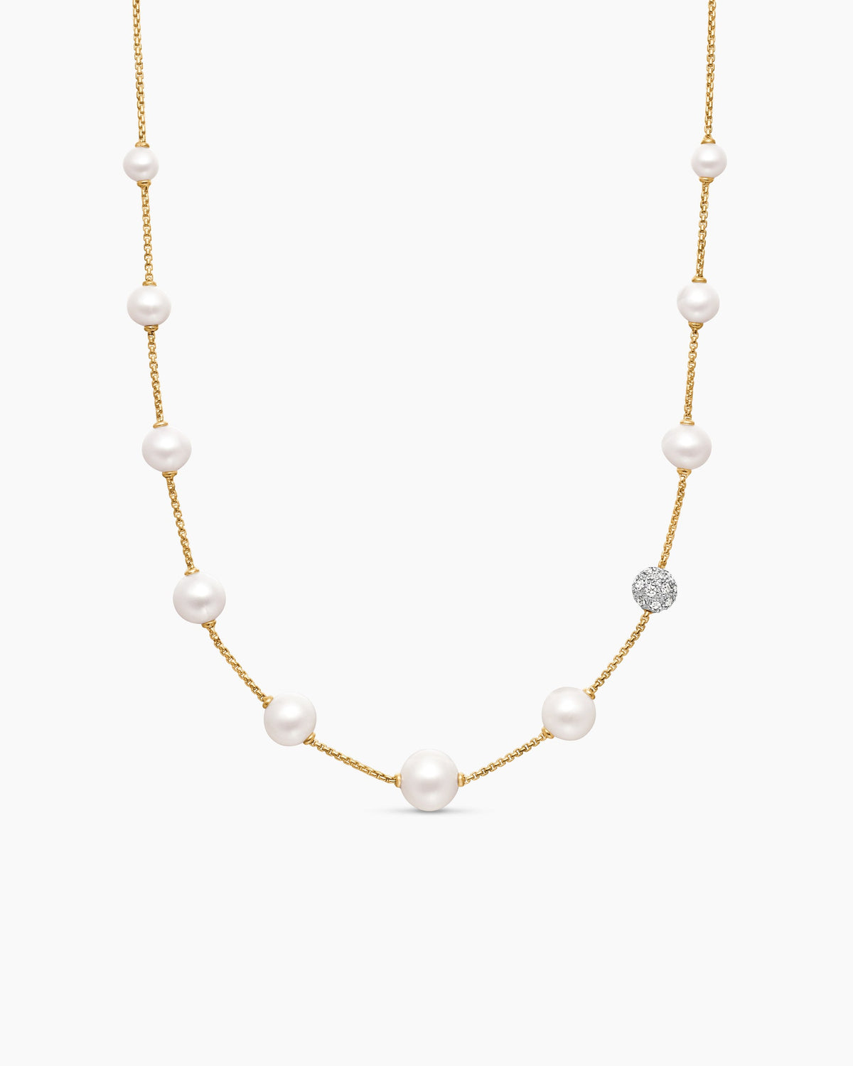 Pearl and Pavé Station Necklace in 18K Yellow Gold with Pearls and Diamonds