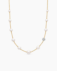 Pearl and Pavé Station Necklace in 18K Yellow Gold with Pearls and Diamonds