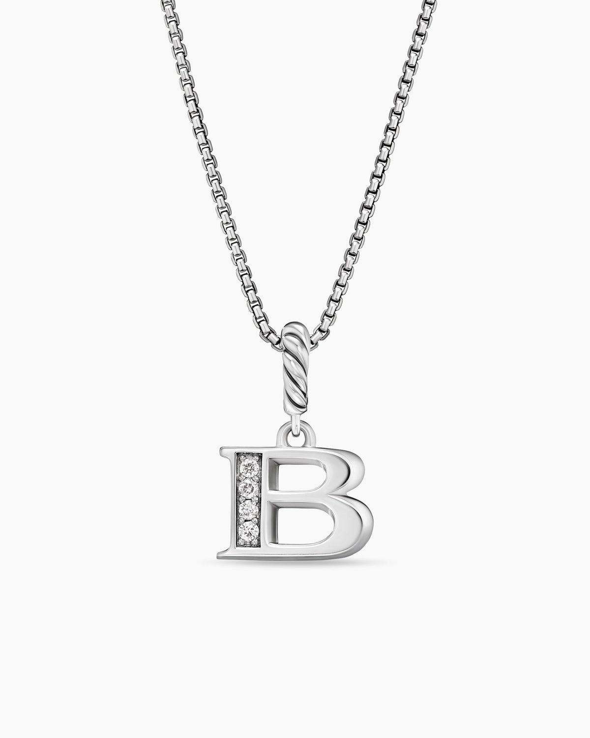 Pavé Initial Pendant Necklace in Sterling Silver with Diamond B