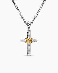 Petite Cross Necklace in Sterling Silver with 18K Yellow Gold with Diamonds, 20.8mm
