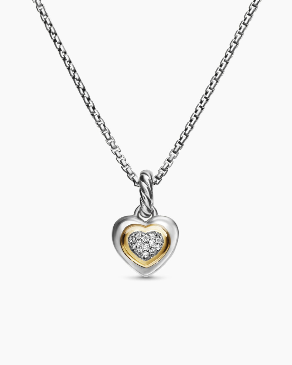 Petite Cable Heart Pendant Necklace in Sterling Silver with 14K Yellow Gold and Diamonds, 17.1mm