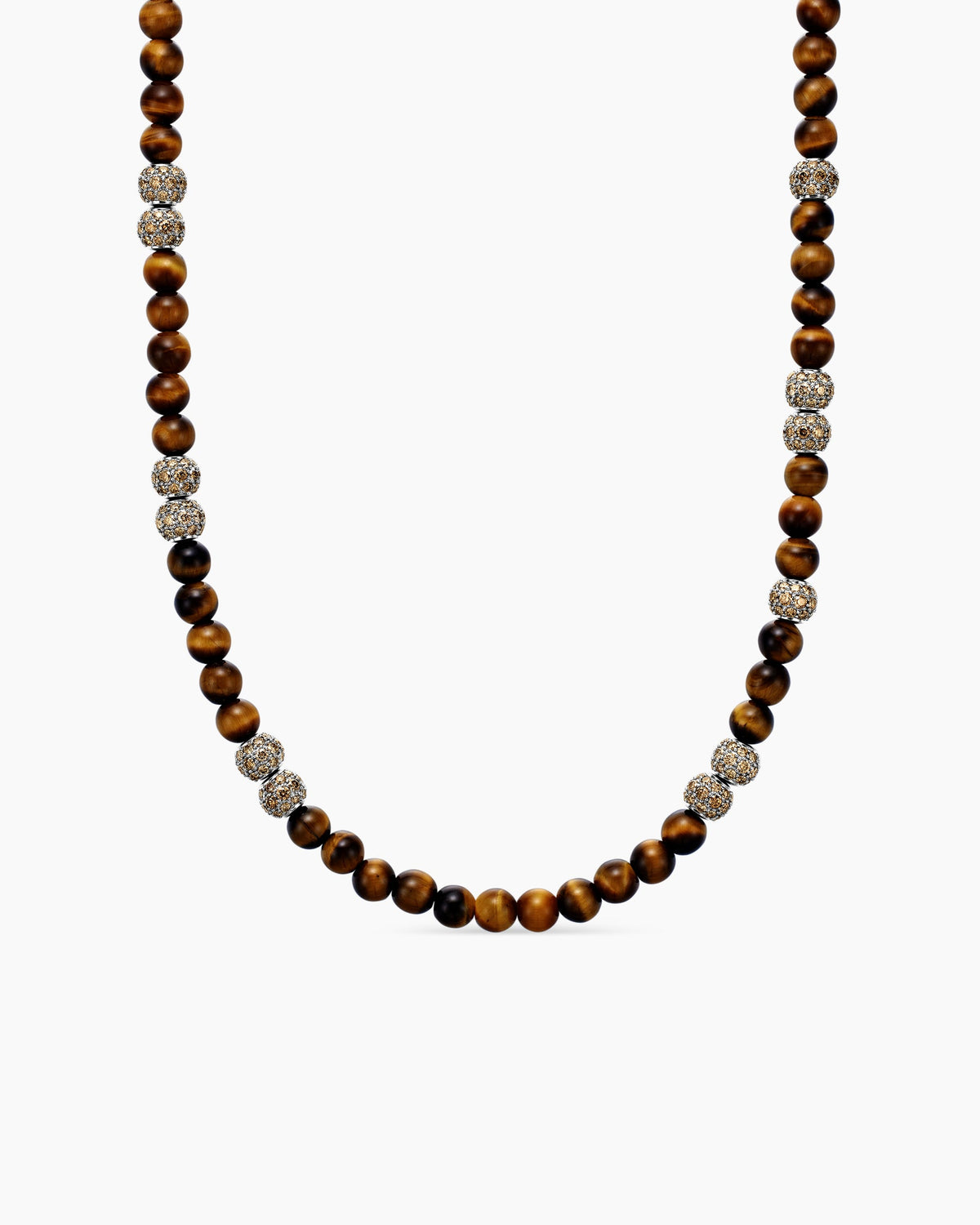 Spiritual Beads Necklace in Sterling Silver with Tiger’s Eye and Pavé Cognac Diamonds, 6mm