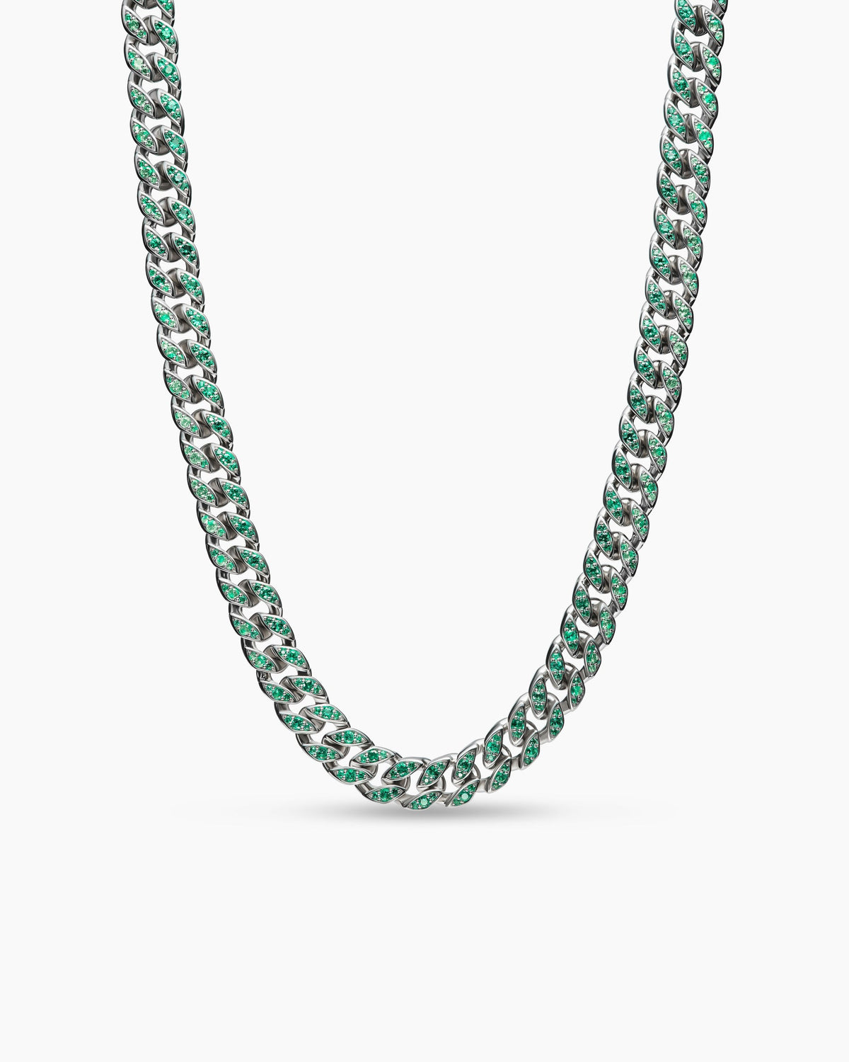 Curb Chain Necklace in 18K White Gold with Emeralds, 11.5mm