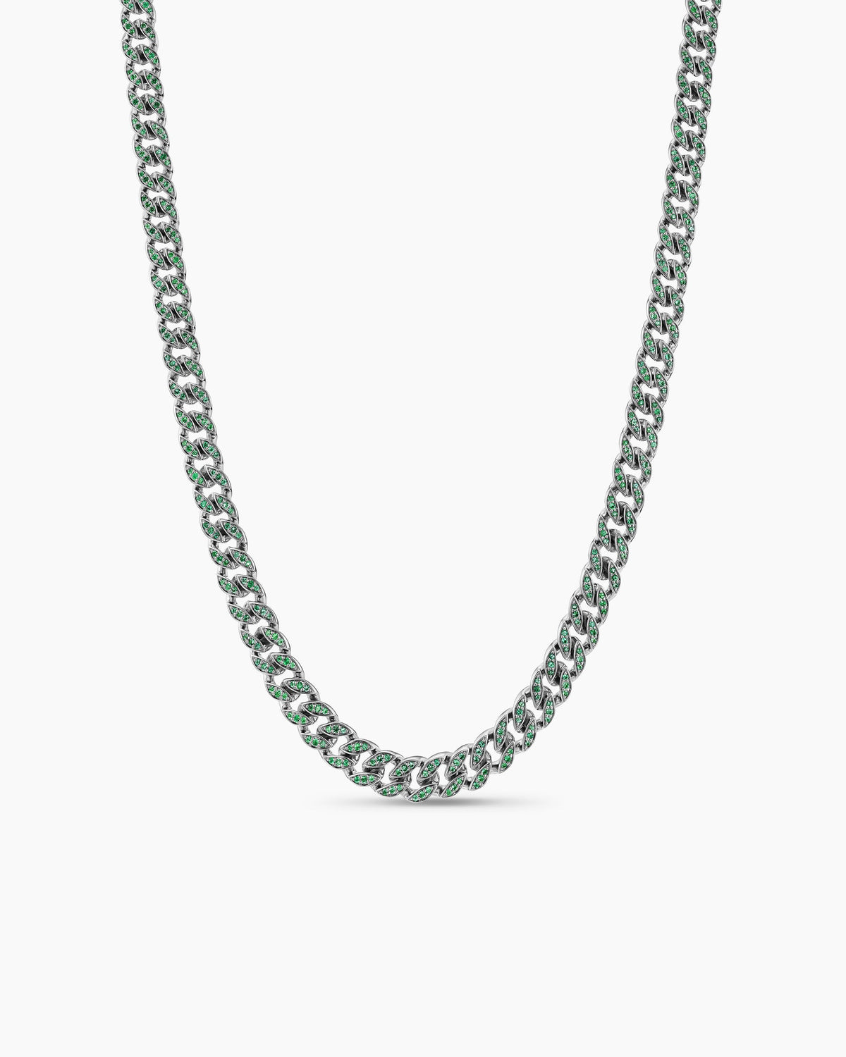 Curb Chain Necklace in 18K White Gold with Emeralds, 8mm
