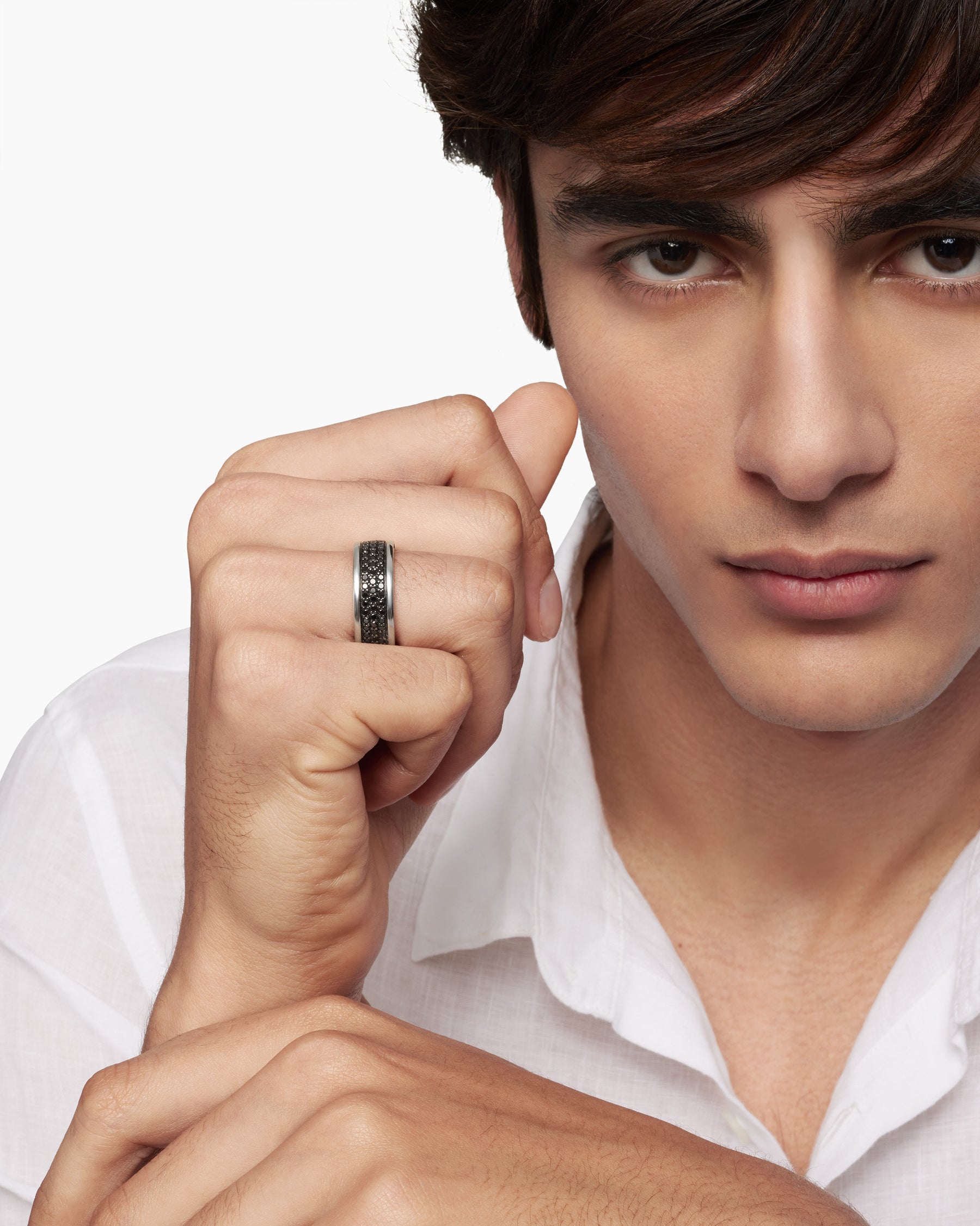 Streamline® Three Row Band Ring in Sterling Silver with Black Diamonds, 8.5mm