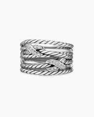Double X Crossover Ring in Sterling Silver with Diamonds, 13mm