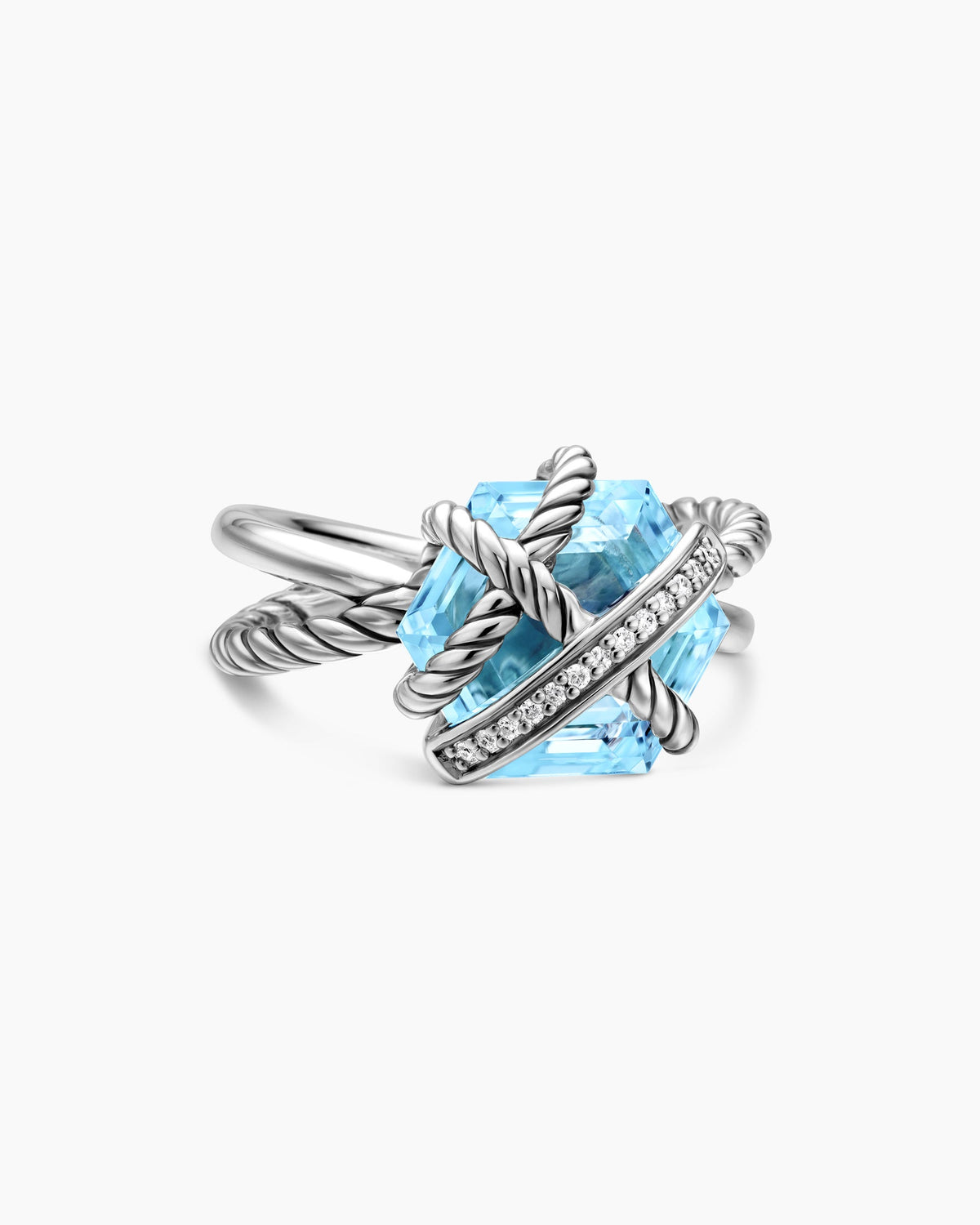 Cable Wrap Ring in Sterling Silver with Blue Topaz and Pavé Diamonds, 11mm