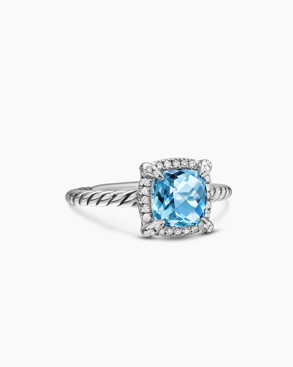 Petite Chatelaine® Pavé Bezel Ring in Sterling Silver with Blue Topaz and Diamonds, 7mm