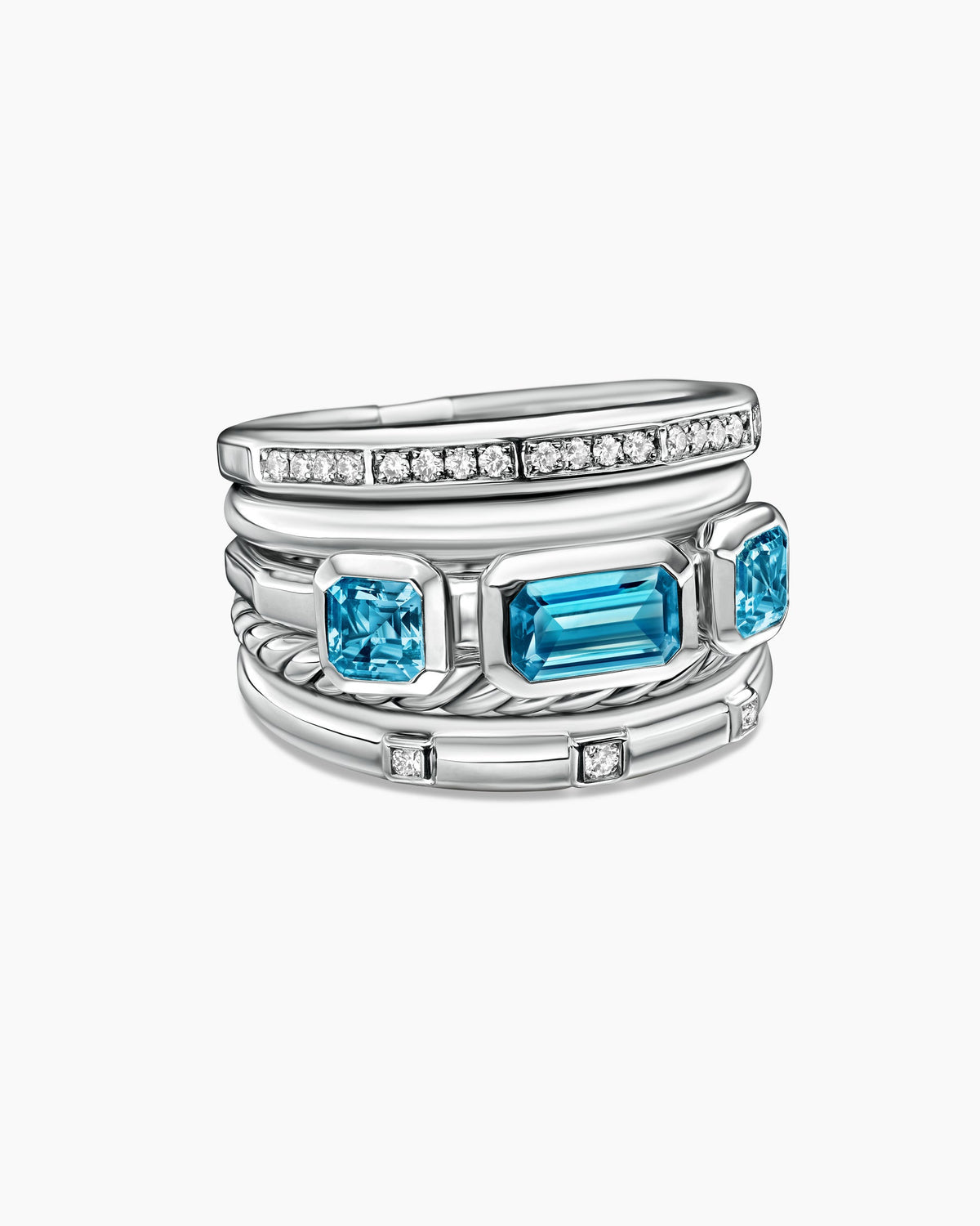 Stax Five Row Ring in Sterling Silver with Hampton Blue Topaz and Diamonds, 15mm