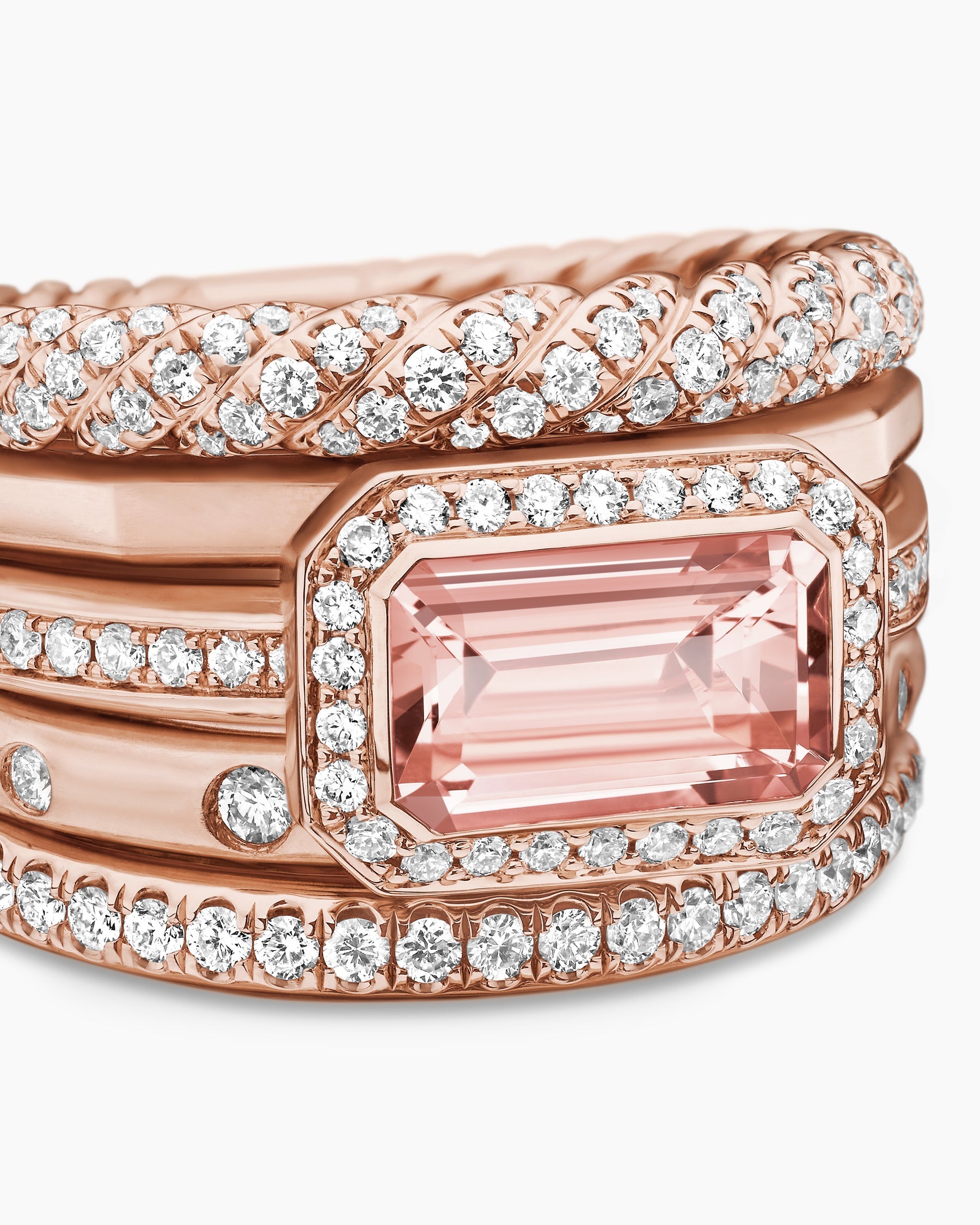 Stax Five Row Ring in 18K Rose Gold with Morganite and Diamonds, 22mm