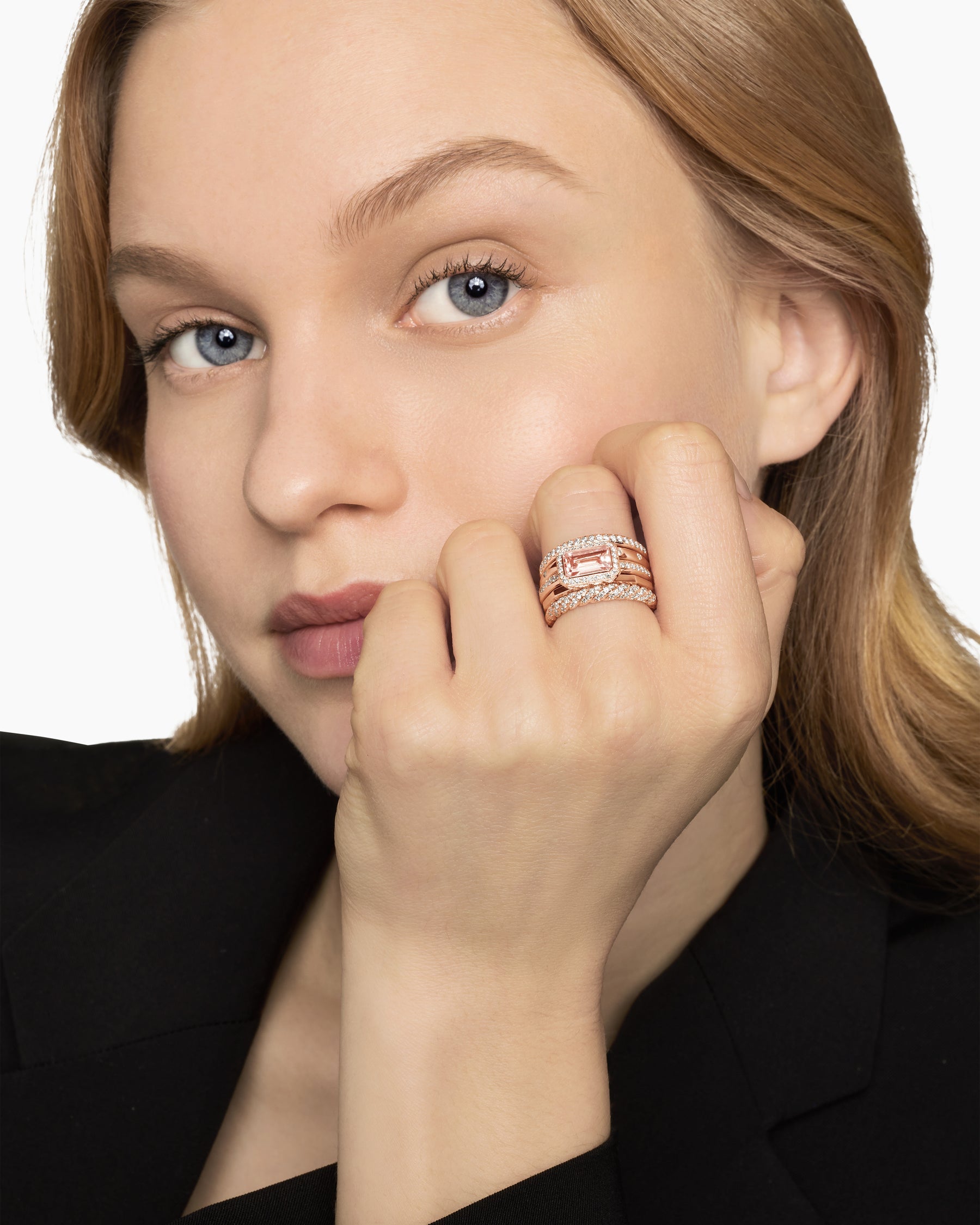 Stax Five Row Ring in 18K Rose Gold with Morganite and Diamonds, 22mm